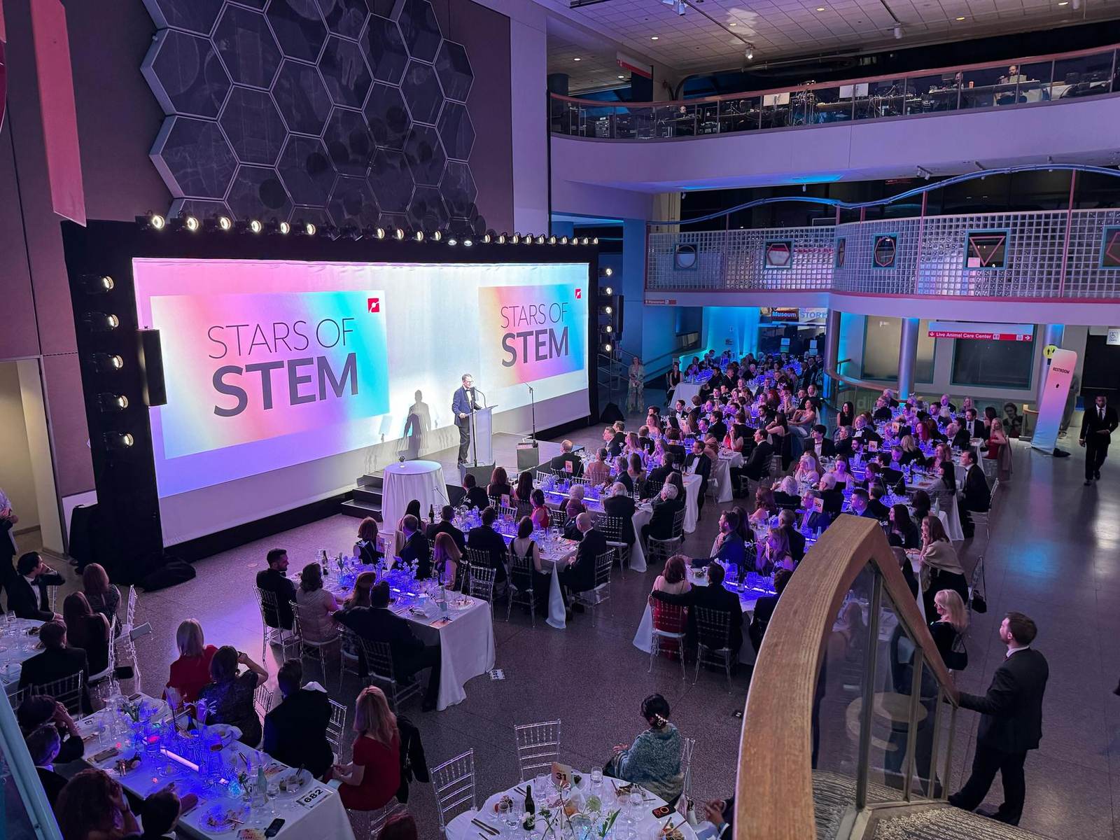 Gala in a museum atrium with a large screen and seated dinner